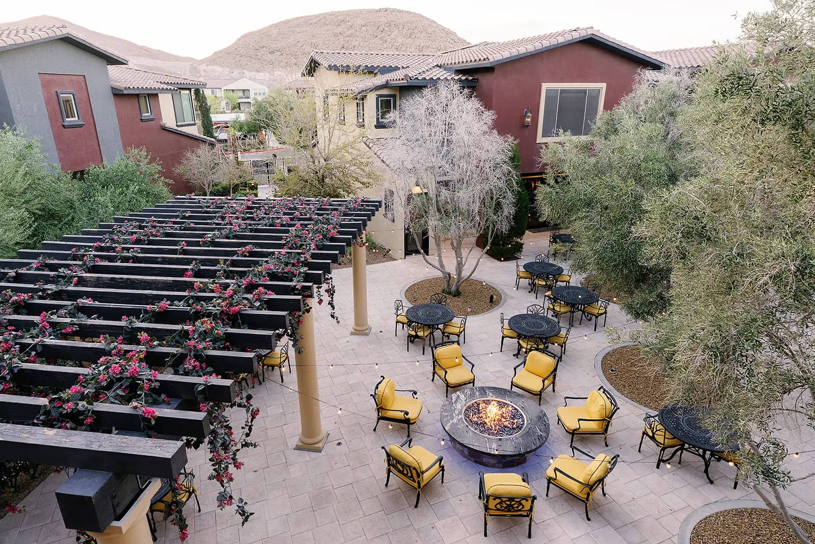 Wine garden with a fire pit and outdoor group seating
