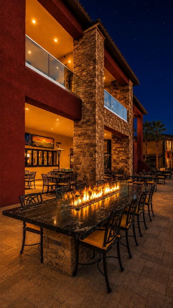 Tuscan Cove patio with fire table and evening courtyard seating