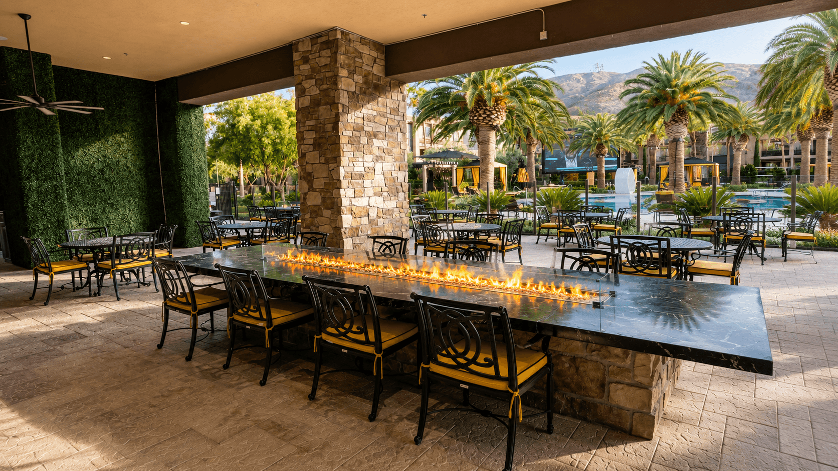 Tuscan Cove patio fire table at night