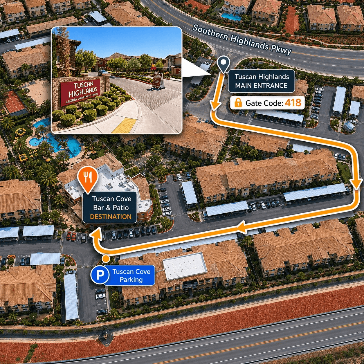Aerial wayfinding map showing the route from Southern Highlands Pkwy through the Tuscan Highlands main entrance (gate code 418) to Tuscan Cove parking